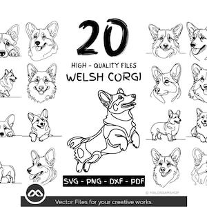 20 Welsh Corgi Dog Line Art SVG Bundle, Cute Corgi Face Clipart Set, PNG DxF PDF Vector Files for Cricut, Laser Cutting and Sublimation