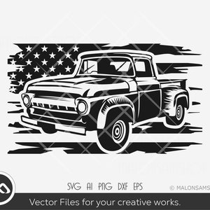Vintage Truck SVG Us flag - old truck svg, pick-up svg, vintage truck png, cut file, dxf