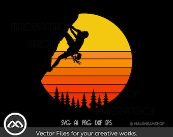 Retro Rots het Beklimmen SVG Mens het Beklimmen Zonsondergang - het beklimmen svg, het wandelen svg, rotsklimmer svg, berg svg, avontuur svg, dxf, png