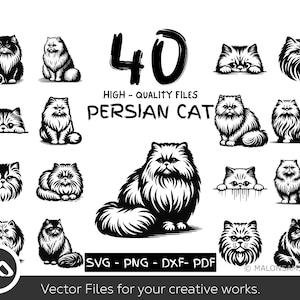Op de afbeelding: Een set van 40 zwart-witte vectorillustraties van Perzische katten in verschillende poses. De illustraties zijn van hoge kwaliteit en perfect voor gebruik in creatieve projecten.