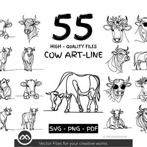 55 Cow Line Art SVG PNG PDF Bundle for Cricut and Sublimation, Minimalist Cow Clipart Digital Download, Farm Animal Line Drawing Vector