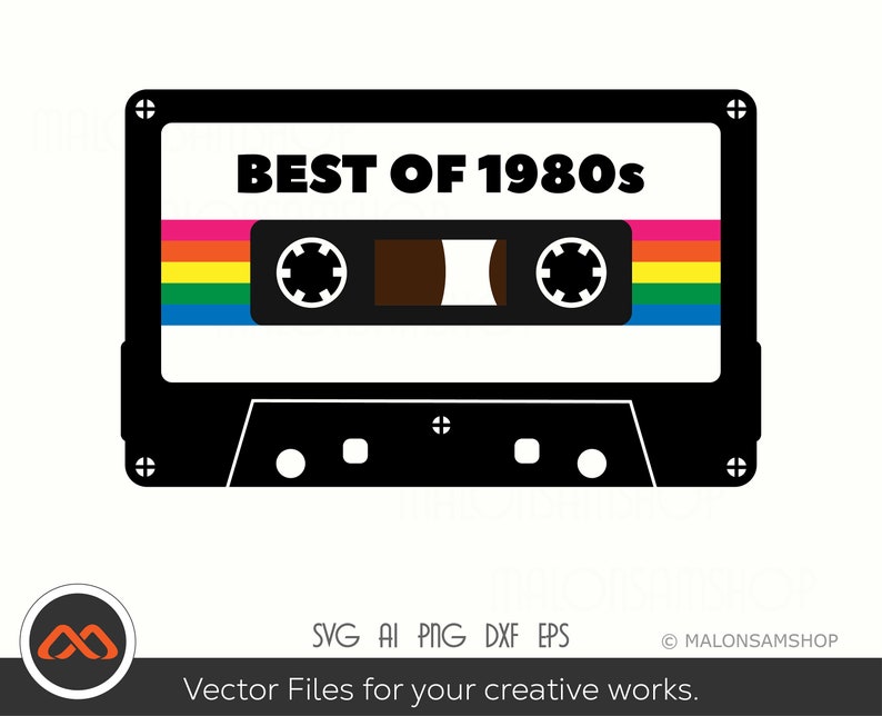 May include: Black and white illustration of a cassette tape with the text "BEST OF 1980s" on it. The cassette tape has a rainbow colored stripe across the top.