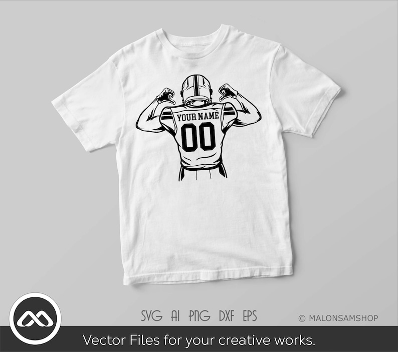 May include: A white t-shirt with a black and white illustration of a football player in a pose. The player is wearing a jersey with the text "YOUR NAME" and the number "00".