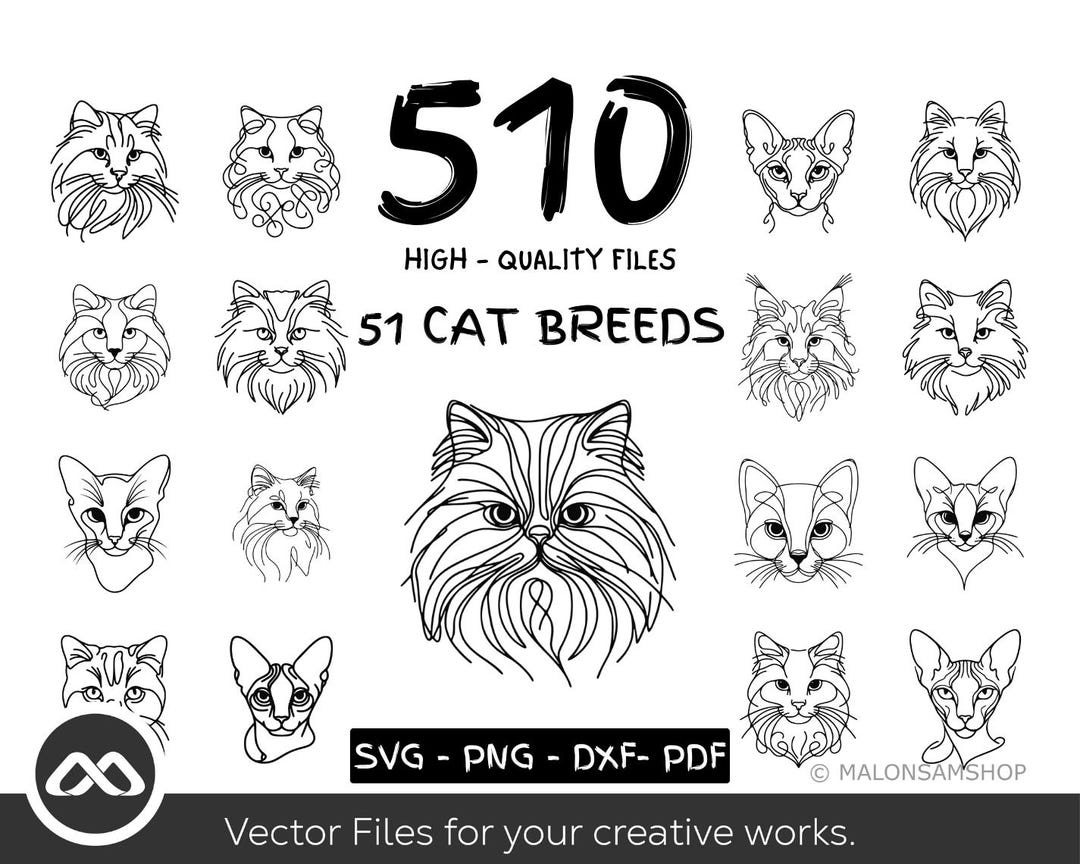 51 Cat Breed Face Line Art Bundle SVG PNG Dxf PDF, 51 Cat Breeds ...