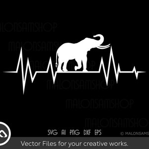 Puede incluir: Silueta blanca de elefante integrada en una línea de latido cardíaco sobre fondo negro. El diseño incluye el texto "Vector Files for your creative works." y el logotipo y el nombre de la tienda.