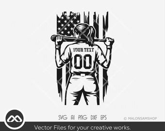 Custom Softball Player SVG with American Flag | Personalized Softball Girl Design | Editable Name and Number Cut File for Cricut