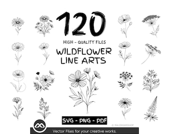 Paquete de 120 ilustraciones de flores silvestres (SVG, PNG y PDF), imágenes prediseñadas de flores botánicas, ilustraciones florales dibujadas a mano, conjunto de vectores de flores minimalistas