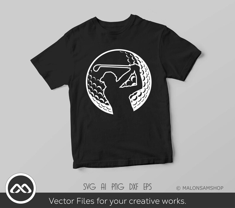 K&ouml;nnte beinhalten: Ein schwarzes T-Shirt mit einer wei&szlig;en Silhouette eines Golfers, der einen Schl&auml;ger innerhalb eines Golfballs schwingt. Das Design ist mittig auf dem T-Shirt platziert.
