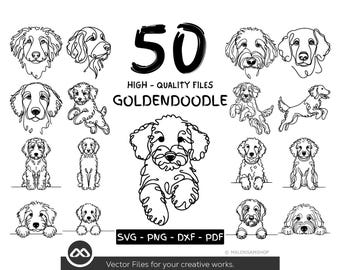 50 Goldendoodle Dog Line Art SVG Bundle, Cute Doodle Dog Clipart PNG DxF PDF, Goldendoodle Puppy Sublimation Files for Cricut Crafts