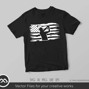 May include: A black t-shirt with a white silhouette of a golfer swinging a club in front of a distressed American flag design.