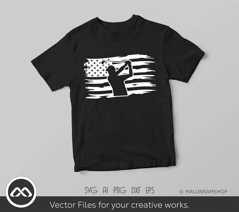 May include: A black t-shirt with a white silhouette of a golfer swinging a club in front of a distressed American flag design.