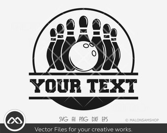 May include: Black and white bowling ball and pins design with a circle around them. The text "YOUR TEXT" is below the circle.