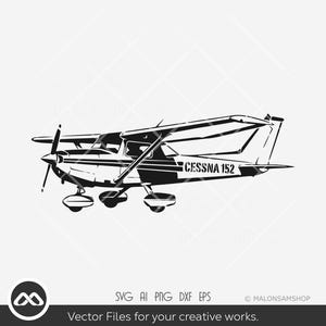 May include: Black and white vector illustration of a Cessna 152 airplane. The aircraft is depicted in profile, showcasing its wings, propeller, and tail. The text "CESSNA 152" is visible on the side. The image also includes the text "Vector Files for your creative works."
