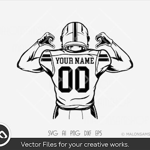 May include: Black and white illustration of a football player with a jersey that says "YOUR NAME" and the number "00".