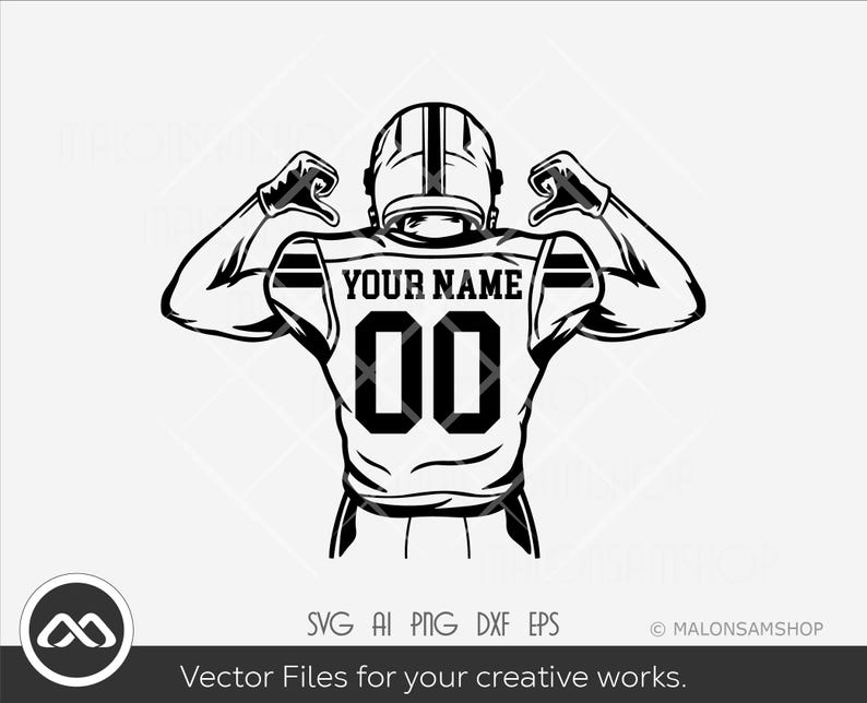 May include: Black and white illustration of a football player with a jersey that says "YOUR NAME" and the number "00".