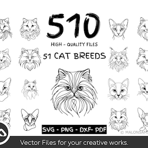 51 Cat Breeds Line Art Bundle SVG PNG DxF PDF | Cat Face Outline Clipart for Cricut | Minimalist Pet Vector Files for Sublimation Crafts