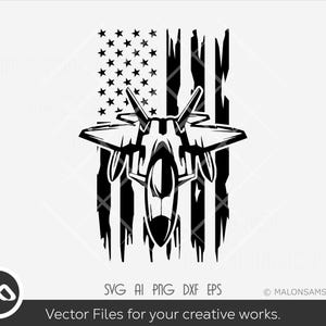 Könnte beinhalten: Schwarz-weiße Grafik eines Kampfflugzeugs, das über einer verwitterten amerikanischen Flagge abgebildet ist. Das Bild enthält den Text "SVG AI PNG DXF EPS" und "Vector Files for your creative works."