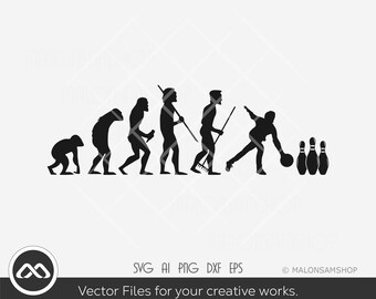 May include: Black and white silhouette illustration of the evolution of humans, ending with a person bowling. The illustration shows a progression from a monkey to a modern human, with each stage holding a different tool. The final stage shows a person bowling a ball at a set of pins.