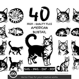 Può includere: Una collezione di 40 file vettoriali in bianco e nero di alta qualità con illustrazioni di gatti American Bobtail. I disegni includono varie pose e stili, adatti a progetti creativi. Il testo "SVG - PNG - DXF - PDF" è incluso.