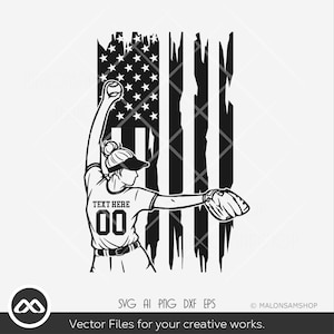 May include: Black and white graphic of a softball player pitching, set against a distressed American flag background. The player wears a jersey with "TEXT HERE" and the number "00". Includes SVG, AI, PNG, DXF, and EPS file formats.