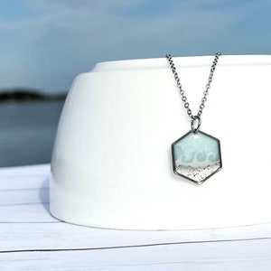 North Carolina Custom Sand Necklace | Hexagon | Coastal NC | Handmade | Resin Ocean Jewelry | Waves | Beach | Vacation | Seashore | Gift