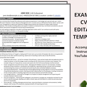 Puede incluir: Una plantilla de currículum con un diseño en blanco y negro. El currículum es para un profesional de RR. HH. e incluye secciones para un resumen personal, habilidades clave y experiencia, y experiencia laboral. El currículum también incluye el texto "EXAMPLE CV & EDITABLE TEMPLATE" y "Accompanying Instructional YouTube video!"