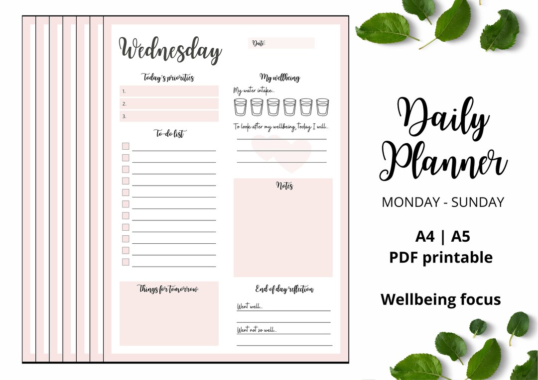 Printable Daily Planner, 7-day, A4, A5, Planner, Wellbeing Journal ...