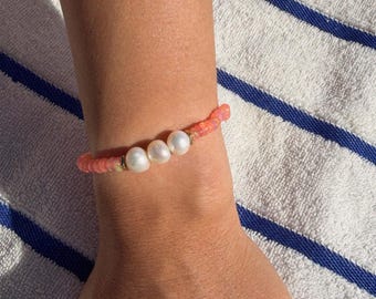 Three Pearl Bracelet with Pink Opal
