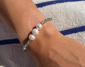 Three Pearl Bracelet with Blue Gemstones