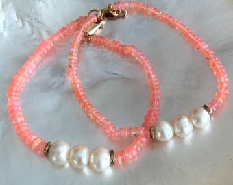 Three Pearl Bracelet with Pink Opal