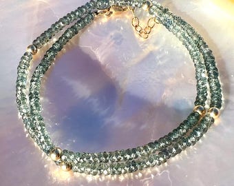 Green Sapphire Necklace with Gold Beads, 16-18”