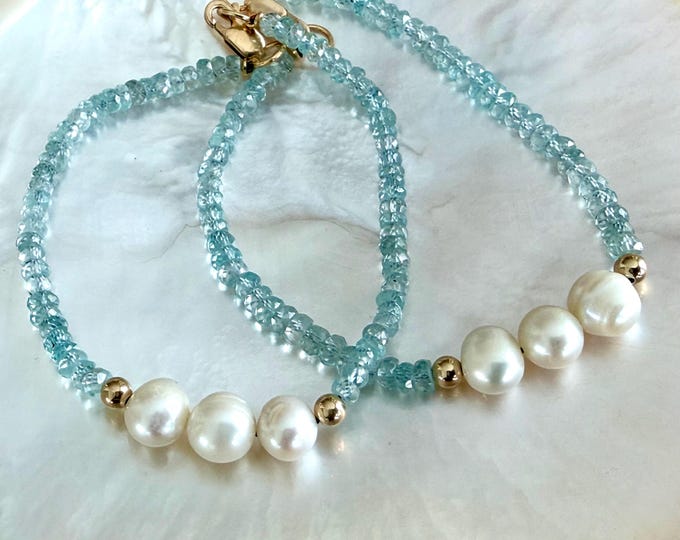 Featured listing image: Three Pearl Bracelet with Blue Gemstones