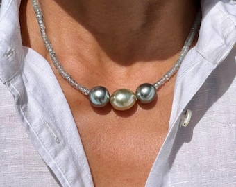 Tahitian Pearl Necklace with Blue Starlight Gemstones