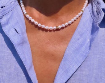 White Freshwater Pearl and Gold Bead Choker