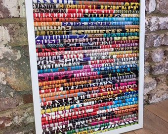 May include: A framed artwork made of colourful rolled-up magazine pages with words like "Passion", "Faire Rever", "Vos Sens", "Tistars", and "Sovuoro" visible.