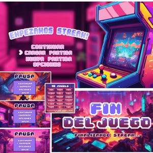 Puede incluir: Una pantalla de juego de arcade retro con un paisaje pixelado. El texto "EMPEZAMOS STREAM!" está en la parte superior de la pantalla. Debajo de la pantalla del juego, hay tres botones etiquetados "PAUSA" con las opciones de continuar, guardar, opciones y salir. El texto "FIN DEL JUEGO" está en letras pixeladas grandes en la parte inferior de la pantalla.