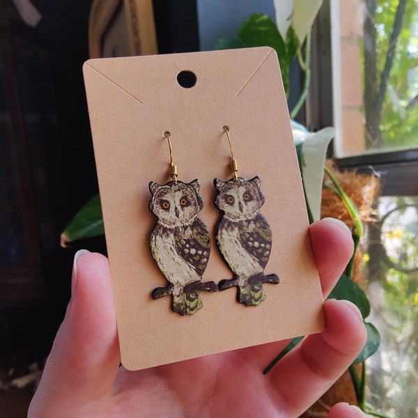 Autumn Owl Handmade Dangle Earrings on Gold Hooks, Cottagecore Fairycore Goblin Forest Aesthetic, Unique Gifts for Bird and Nature Lovers