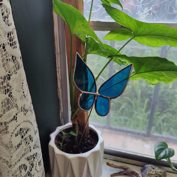 Bright Sky Blue Butterfly Garden Plant Stake: Stained Glass Cottagecore Decor