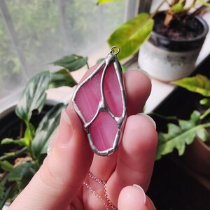 Light Pastel Pink Stained Glass Butterfly Wing Necklace, Unique Wearable Nature Art