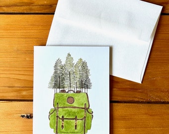 Take a Hike backpack Greeting Card- Single Card- Watercolor Illustration- Envelope Included