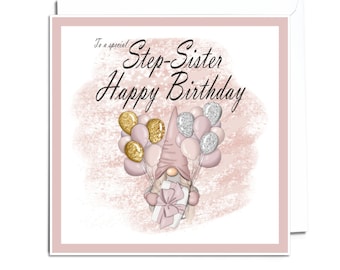 Step Sister Birthday Card-Birthday Card For Step Sister-Women-Teenager-Girls-Special-Cute Gnome-Handmade Greeting Card For Step Sister-CD100