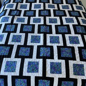 Edredón hecho a mano - Algodón negro, blanco, morado y azul