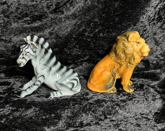 Vintage Zebra And Lion Ceramic Figurines