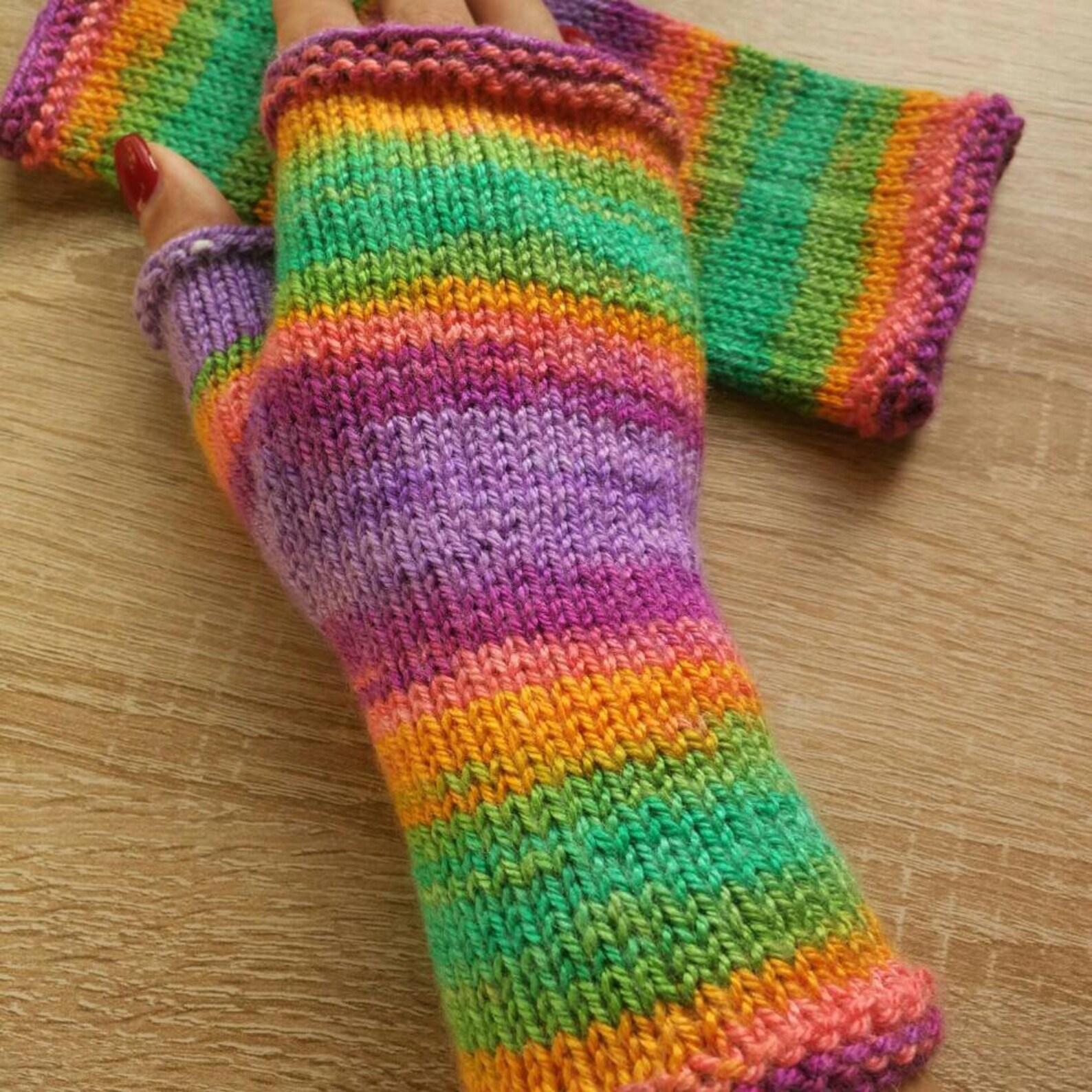Rainbow Arm warmer handmade fingerless gloves knit rainbow Etsy