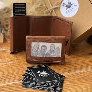 Cartera de cuero, cartera de soporte de tarjeta de cuero mecánico personalizado, tarjeta de billetera de foto, soporte de tarjeta emergente en negro, cartera mecánica