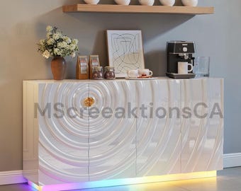 High Gloss Sideboard Buffet Cabinet 63 Inch, Modern Coffee Bar with RGB Lights Power Outlet 4 Doors for Kitchen Living Room
