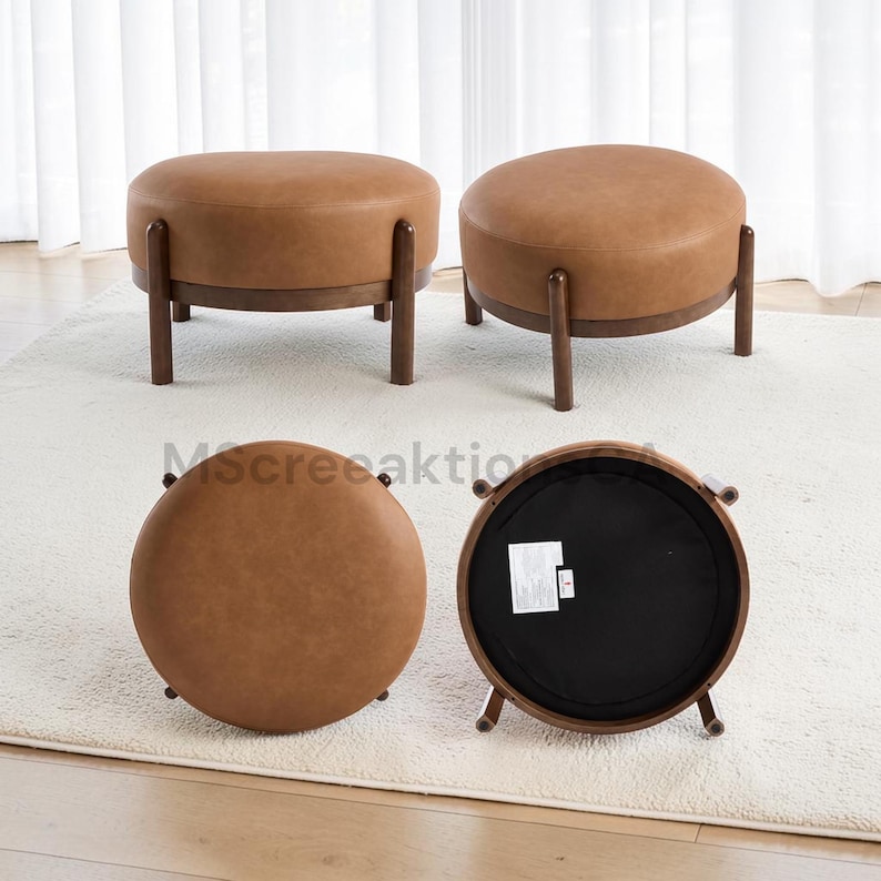 Modern PU Leather Ottoman Footrest Bench with Solid Wood Legs, Single Seat Foot Stool for Living Room Bedroom