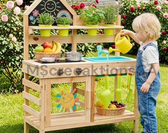 Wooden Outdoor Mud Kitchen for Kids with Running Water, Removable Sink & Storage, Backyard Toddler Cooking Playset Ages 3+