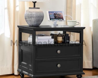 Farmhouse Nightstand with Charging Station, 24 Inch Blue Bedside Table 2 Drawers Wood End Table Cabinet for Bedroom Living Room