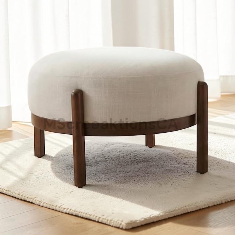 Modern PU Leather Ottoman Footrest Bench with Solid Wood Legs, Single Seat Foot Stool for Living Room Bedroom